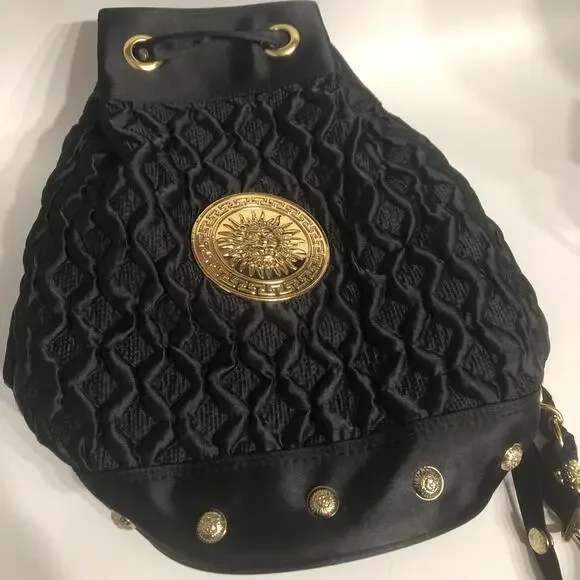 Vintage-Inspired Black Quilted Lion Medallion Bucket Bag – Gold Stud Accents - Picture 3 of 9